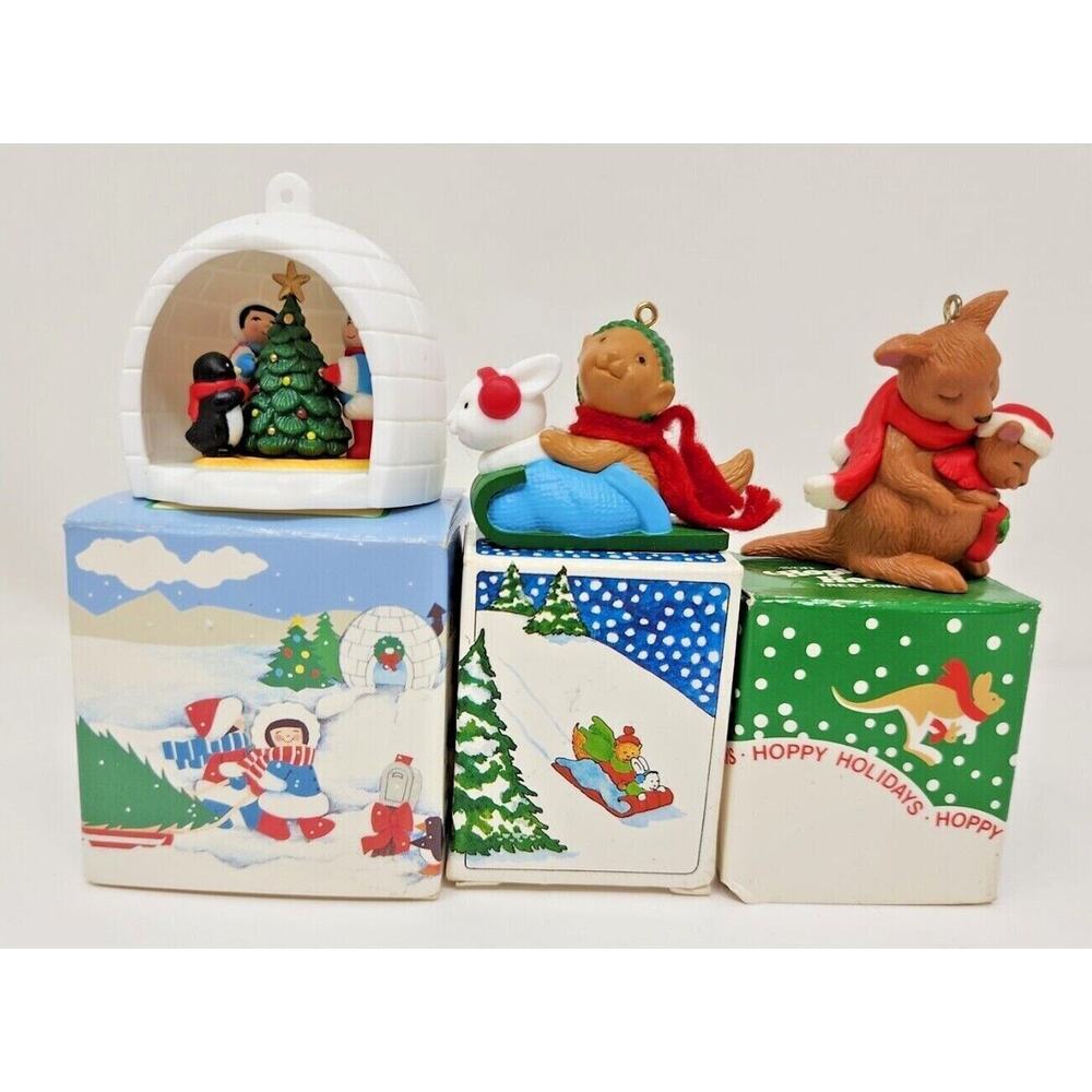 Vintage Avon 3 ornaments Winter Fun & Pals and‎ Hoppy Holidays NIP U95